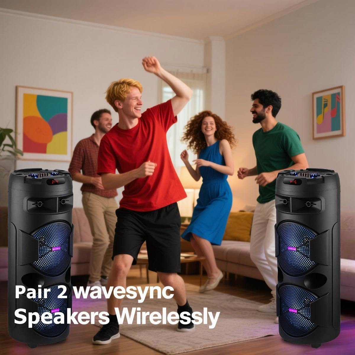 6000W Dual 8" Portable Wireless PA Speaker System – Rechargeable 1800mAh Battery, Wired Mic, Party Lights, Subwoofer, USB/AUX/FM for DJ, Outdoor & Party