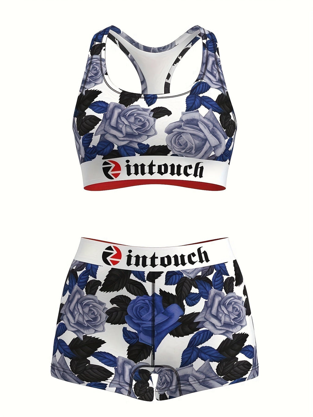 Women's Blue Rose Floral Print Sports Bra & Shorts Set 2-Piece – Stretchy Activewear Gym Yoga Running Fitness Outfit Matching Loungewear for Teens Summer Festival Vintage Style