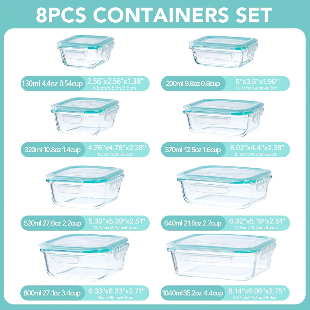 Glass Food Storage Containers Set of 8 with Lids – Borosilicate Leak-Proof Meal Prep Containers, Oven Microwave Dishwasher Safe, Stackable Kitchen Storage for Leftovers & Lunch