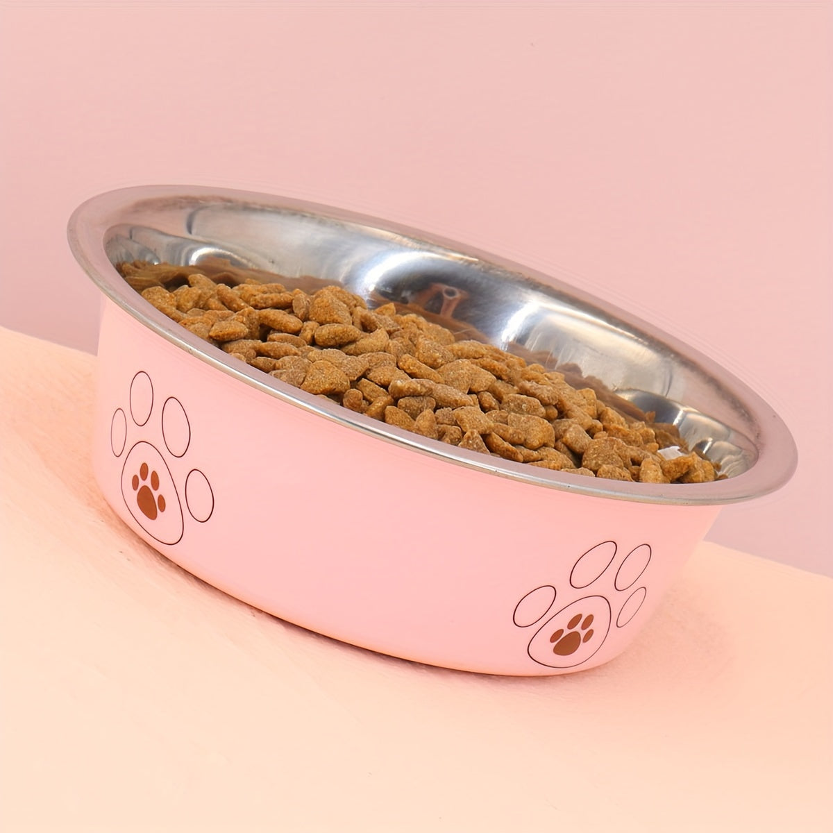 Stainless Steel Dog Bowl with Cute Footprint Pattern Durable Non-Slip Pet Food Water Bowl for Dogs Indoor Outdoor Use Sizes S M L XL Colors Beige Pink Blue