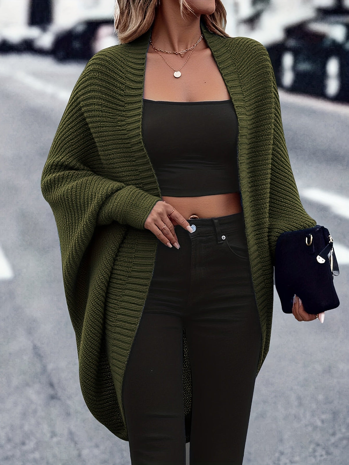 Women's Oversized Open Front Knit Cardigan Coat Long Sleeve Batwing Solid Color Sweater Jacket Fall Winter Casual Elegant Outerwear S-XXL