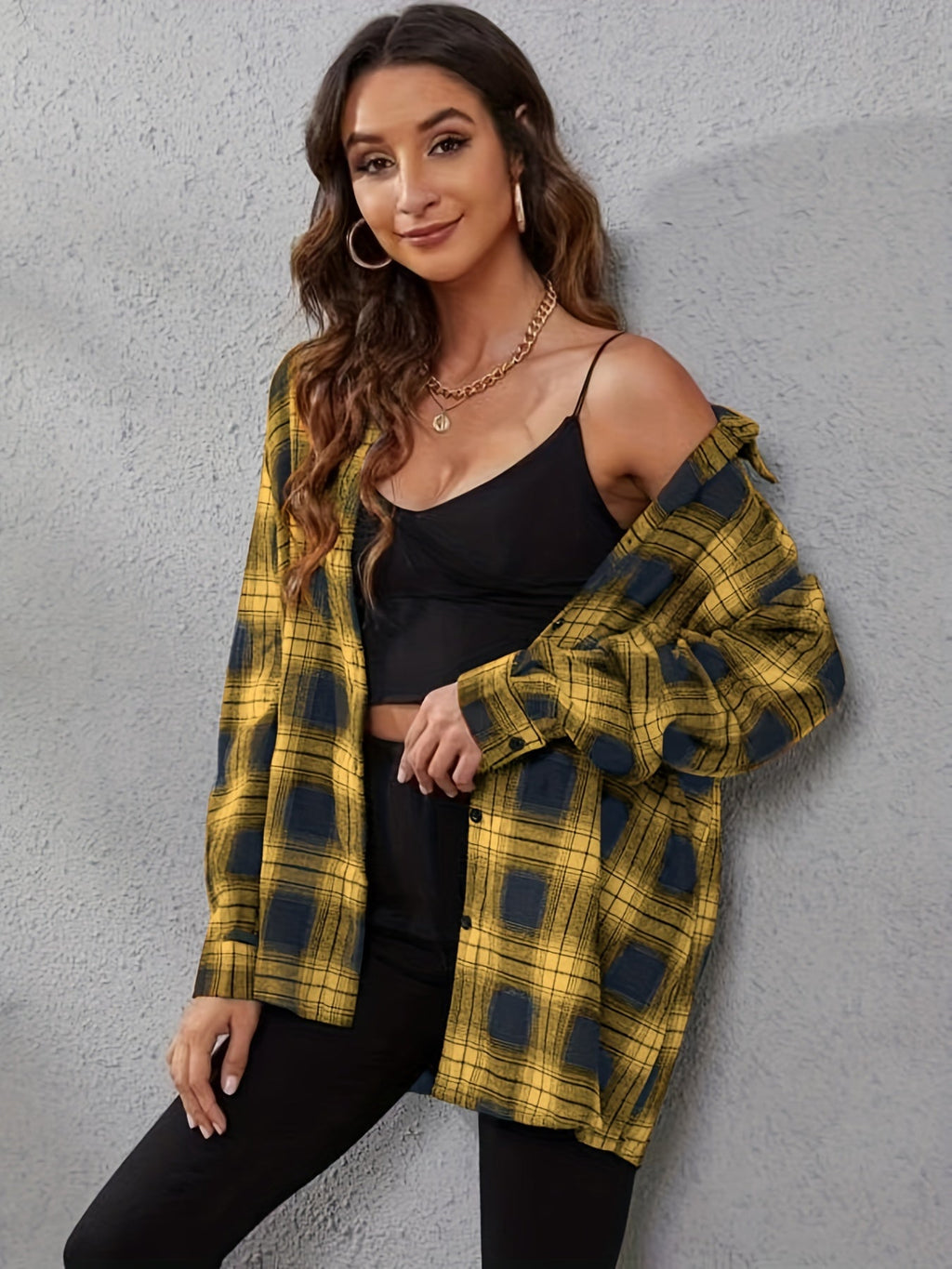 Plaid Gingham Print Button Front Shirt Women Casual Lapel Long Sleeve Split Cuff Loose Top Blouse XS-XXL