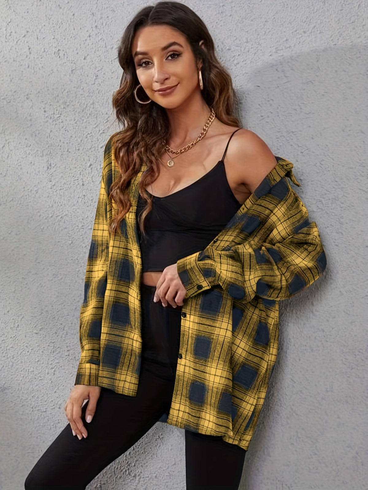 Plaid Gingham Print Button Front Shirt Women Casual Lapel Long Sleeve Split Cuff Loose Top Blouse XS-XXL