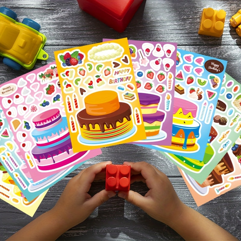 Birthday Cake Stickers for Kids 24 Sheets – DIY Make Your Own Cake Decoration Sticker Set with Fruit, Candy & Candles, Happy Birthday Party Favors, Classroom Teacher Reward Stickers, Fun Gift for Boys Girls
