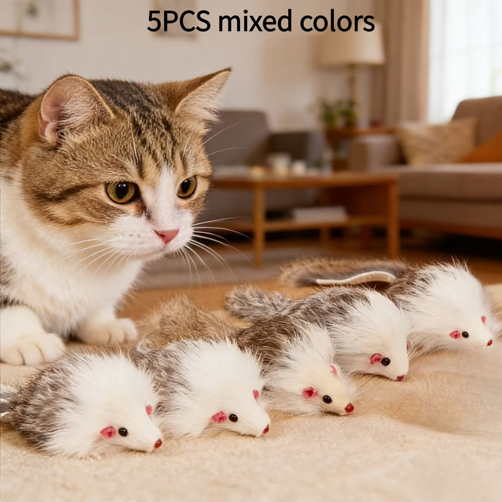 Plush Mouse Cat Toys Set 3 or 5 Pack - Realistic Simulation Long-Haired Mice with Two-Color Plastic Body, Interactive Indoor Cat Play and Exercise Toy for Kittens and Adult Cats