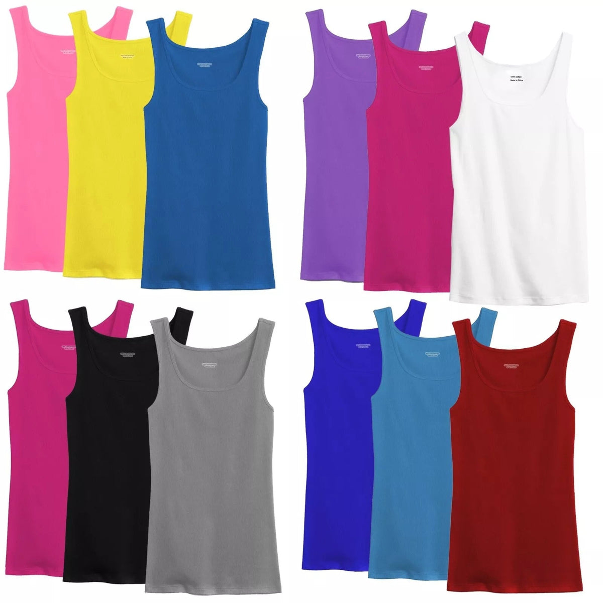 Women's 100% Cotton Ribbed Tank Top Tagless Sleeveless Undershirt Round Neck Multipack 3 6 9 12 Pcs Random Colors S-XXL