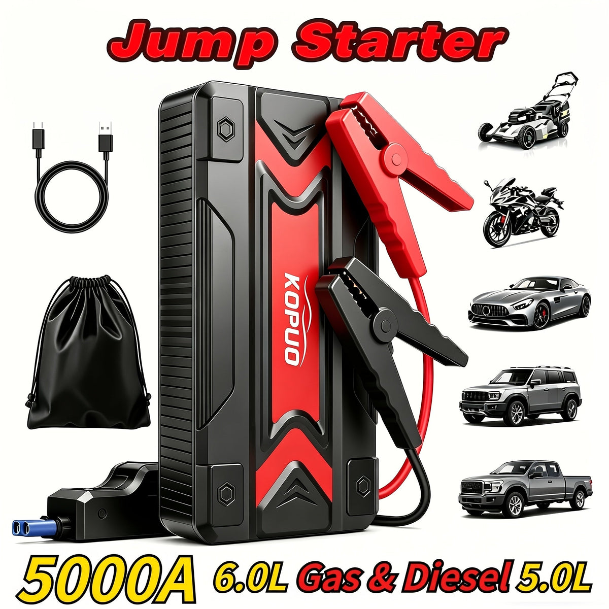 Portable Car Jump Starter 20000A Peak with Air Compressor, 7-in-1 Jump Starter Battery Pack 150PSI Tire Inflator, Power Bank, LED Light & Safety Hammer for 12V Gas & Diesel Engines – Roadside Emergency Kit