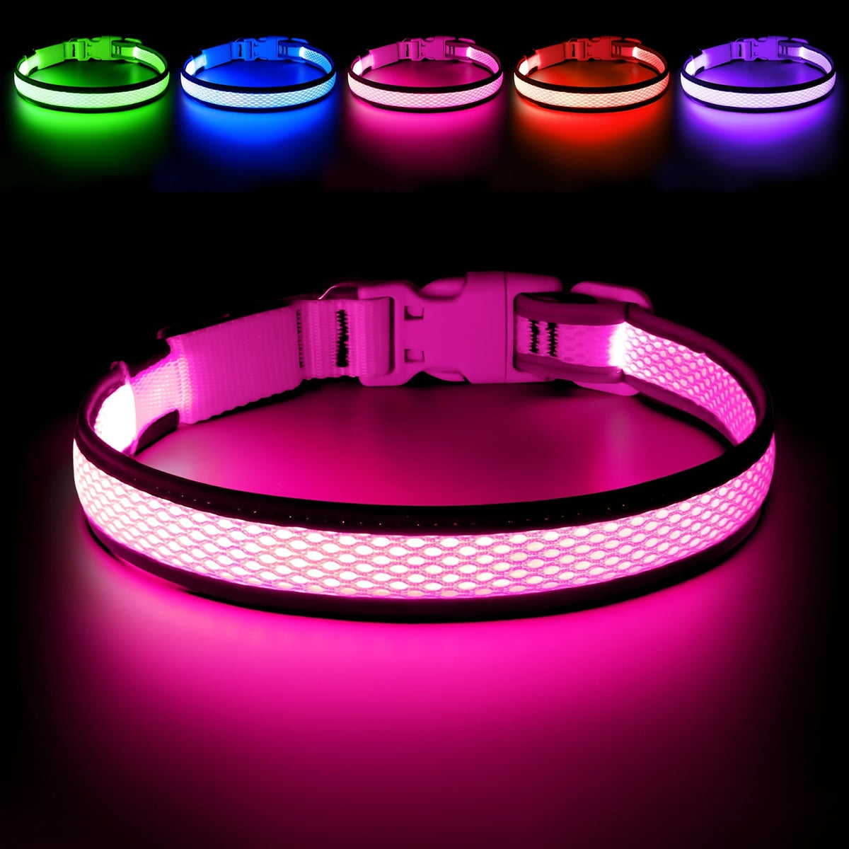 LED Dog Collar USB Rechargeable with 6 Color Lights - Adjustable Soft Mesh Safety Collar for Small Medium Large Dogs, Glowing Night Visibility Dog Collar for Nighttime Walking, Durable & Stylish