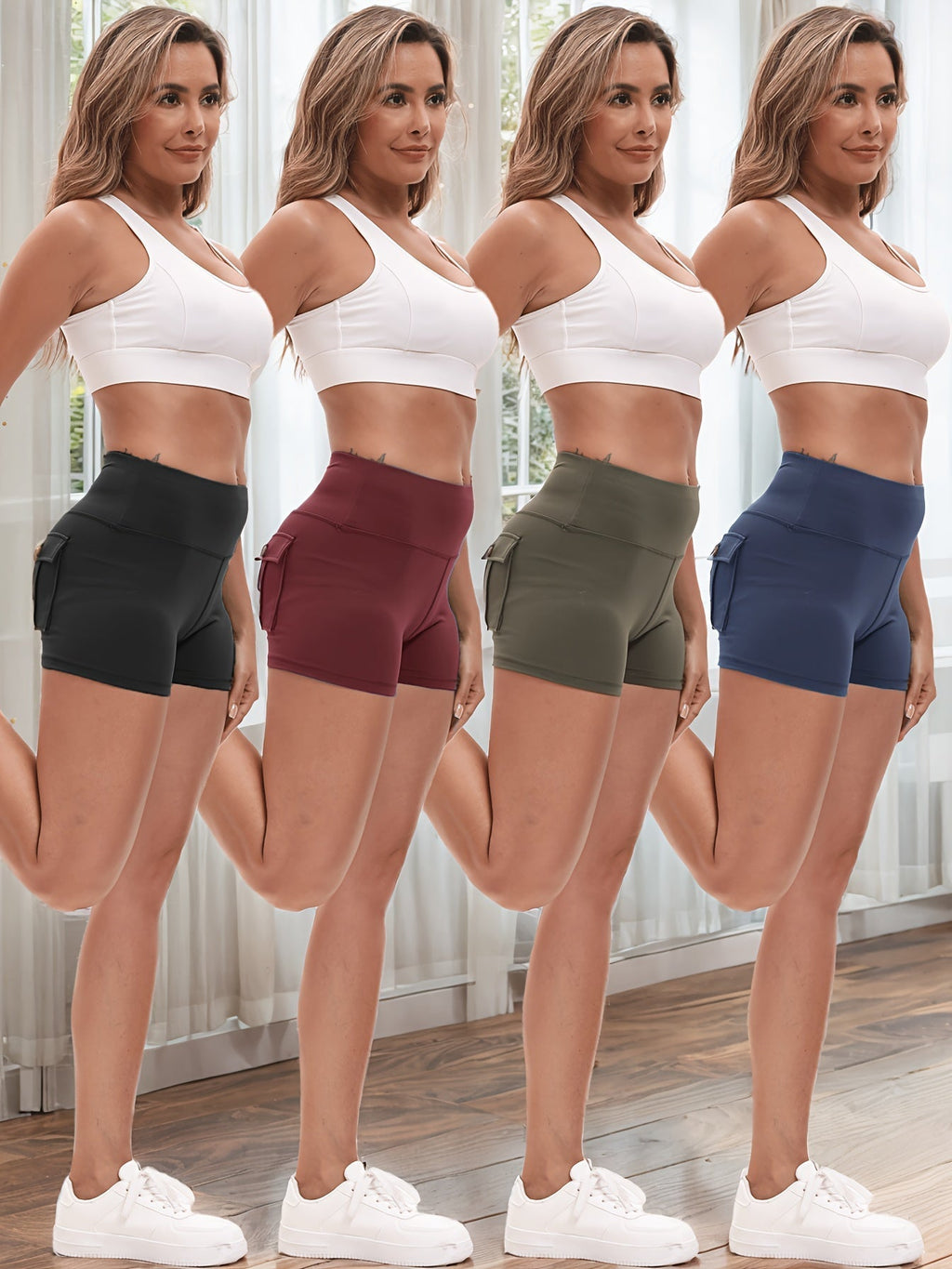 4-Piece Women's High-Stretch Yoga Shorts Set – Hip Lifting Quick-Dry Fitness Shorts with Elastic Waist & 2 Pockets, Solid Color Athletic Short Pants for Gym Running Pilates, S-XXL