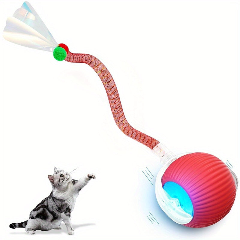 Electric Self-Rolling Cat Ball Toy Automatic Interactive Cat Toy Ball with Elastic Net Tail Fast Rolling Smart Motion Ball for Indoor Cats Kittens Carpet Floor Play
