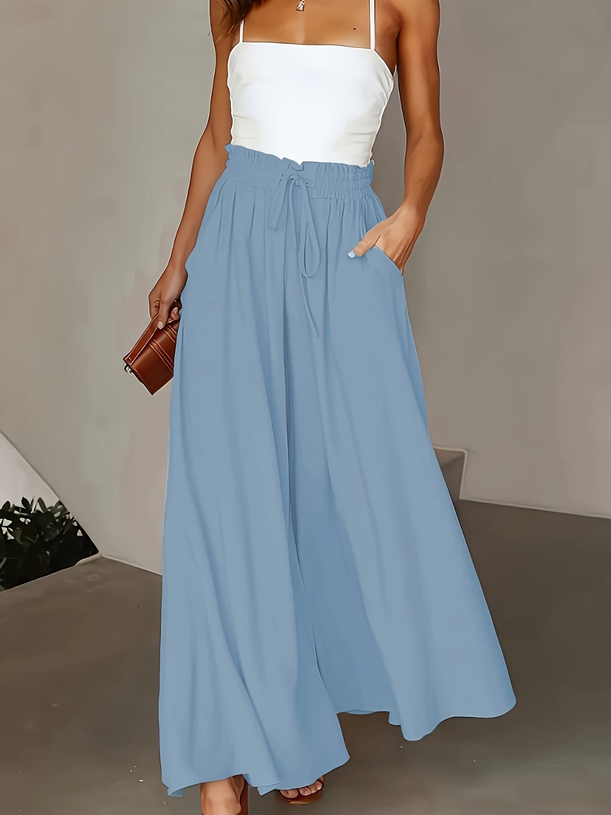 Women's High-Waist Wide-Leg Pants – Elegant Loose Fit Solid Color Flowy Trousers with Pockets for Spring Summer Office Casual