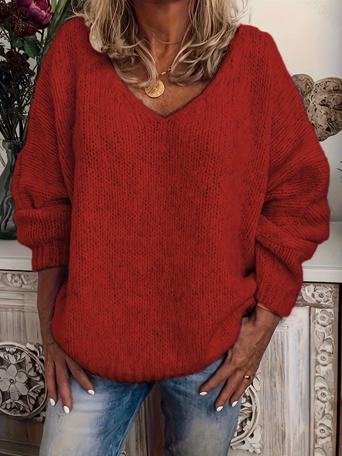 Women's V-Neck Drop Shoulder Loose Pullover Sweater – Solid Color Relaxed Fit Long Sleeve Knit Top in 15 Colors for Spring & Fall