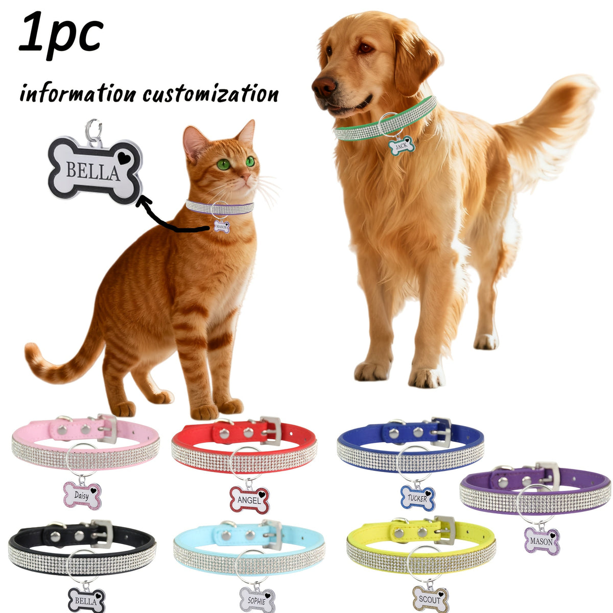 Personalized Pet Collar with Rhinestone Diamond Decoration & Free Engraved ID Tag – Adjustable Anti-Lost Cat & Dog Collar – Japanese Style Bling Collar for Small Medium Dogs & Cats, Multiple Colors & Sizes
