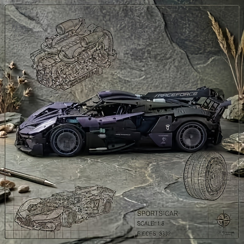 3332 Piece 1:8 Scale Supercar Building Blocks Set – Dark Purple Limited Edition Muscle Car Model Kit, Streamlined Body, Modular Design, Collectible Display Gift for Car Enthusiasts Boys & Adults