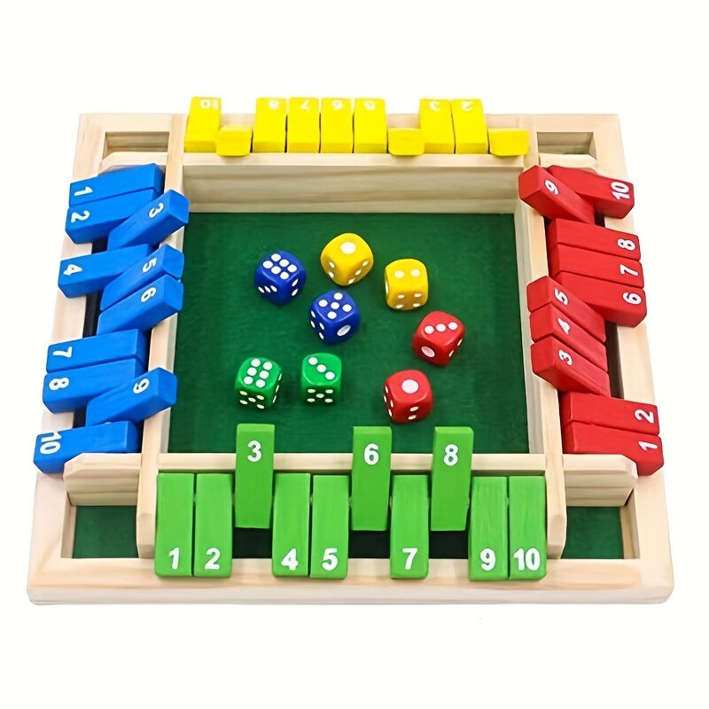 Wooden Number Dice Math Game – Four-Color Board with 8 Colorful Dice, Brain-Teasing Family Tabletop Toy, Party Game for Kids & Adults