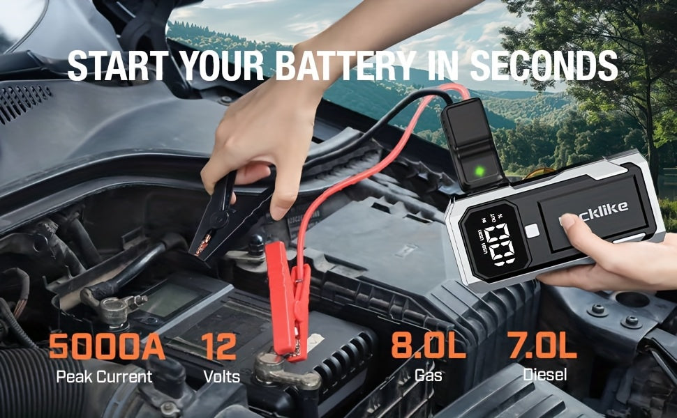 5000A Portable Car Jump Starter & 12V Battery Charger – 3000A Peak, QC3.0 Quick Charge, Intelligent Jumper Cables, LED Light & Power Bank for Gas & Diesel Engines Up to 8.0L