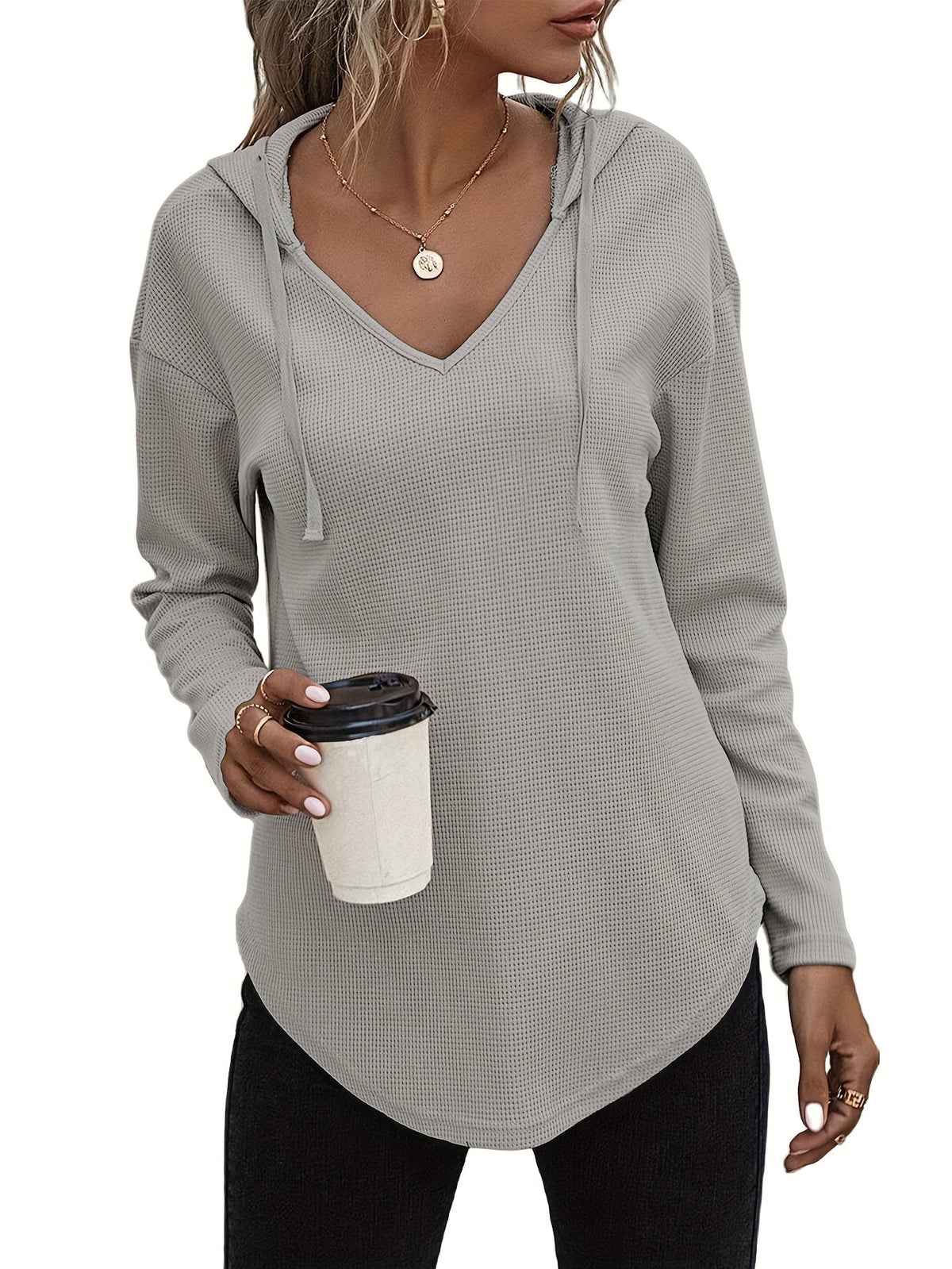 Women's Hanky Hem V-Neck Drawstring Hoodie Sweatshirt - Casual Long Sleeve Knit Hooded Pullover for Fall Winter