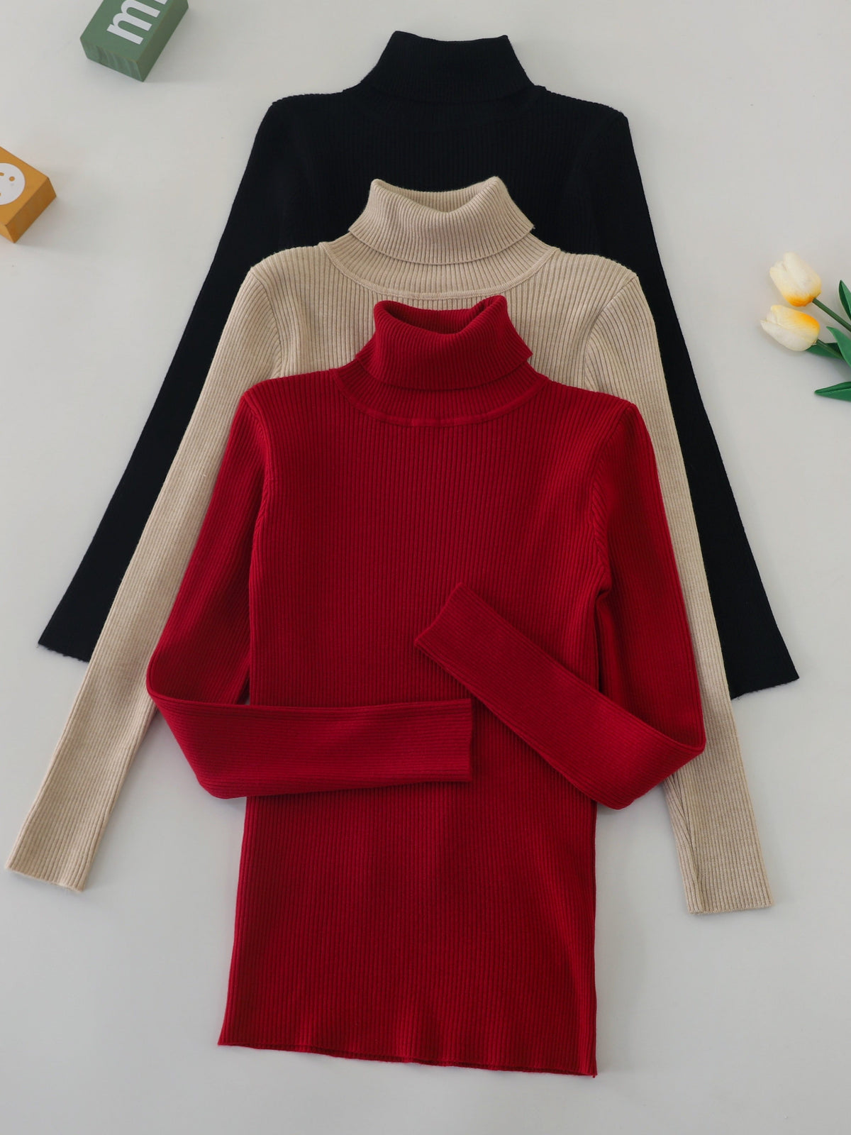 Women's 3-Piece High Collar Pullover Set – Soft High-Stretch 60% Elastane Solid Color Turtleneck Tops Bundle in Mixed Colors for Everyday Wear