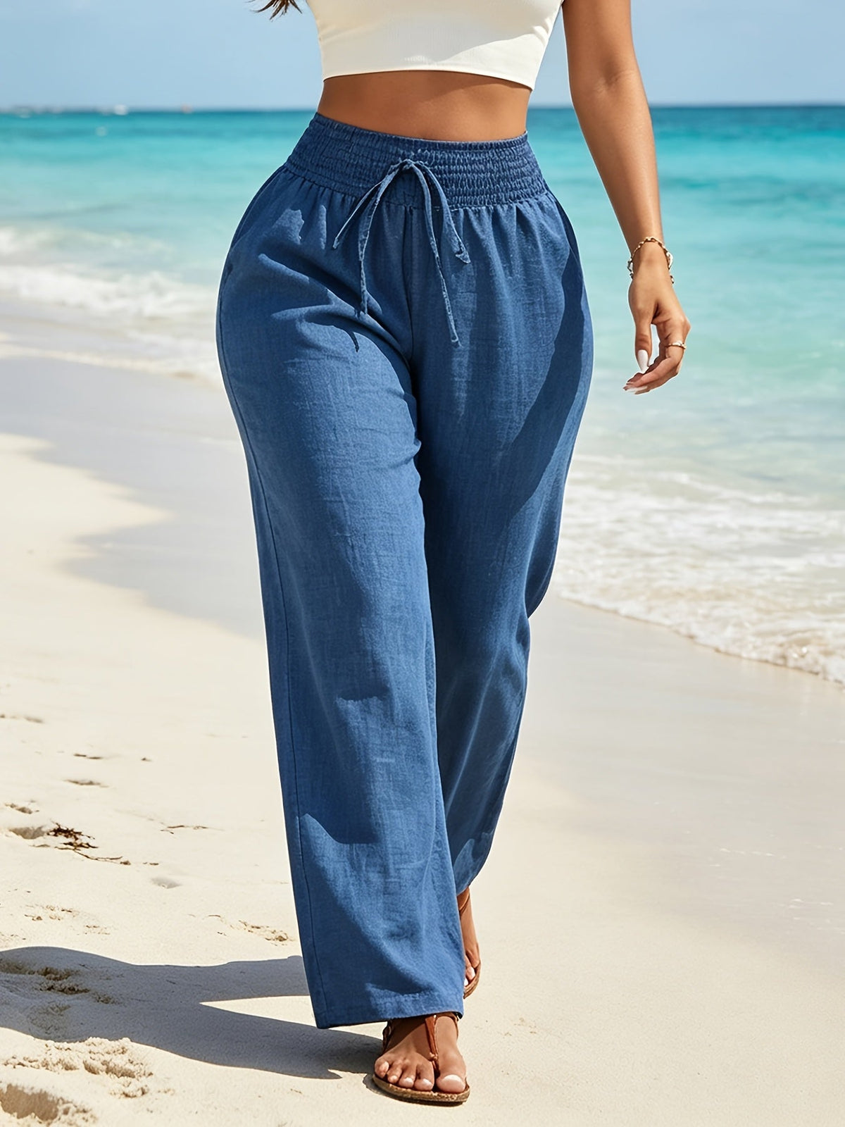 Wide Leg Pants Women High Waisted - Elastic Waist Loose Flowing Trousers, Beach Vacation Travel Pants, Casual Boho Palazzo Pants for Women S M L XL