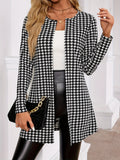 Houndstooth Open Front Cardigan Outwear Women Long Sleeve Loose Coat Spring Fall Fashion Black White Plaid Jacket Casual Streetwear