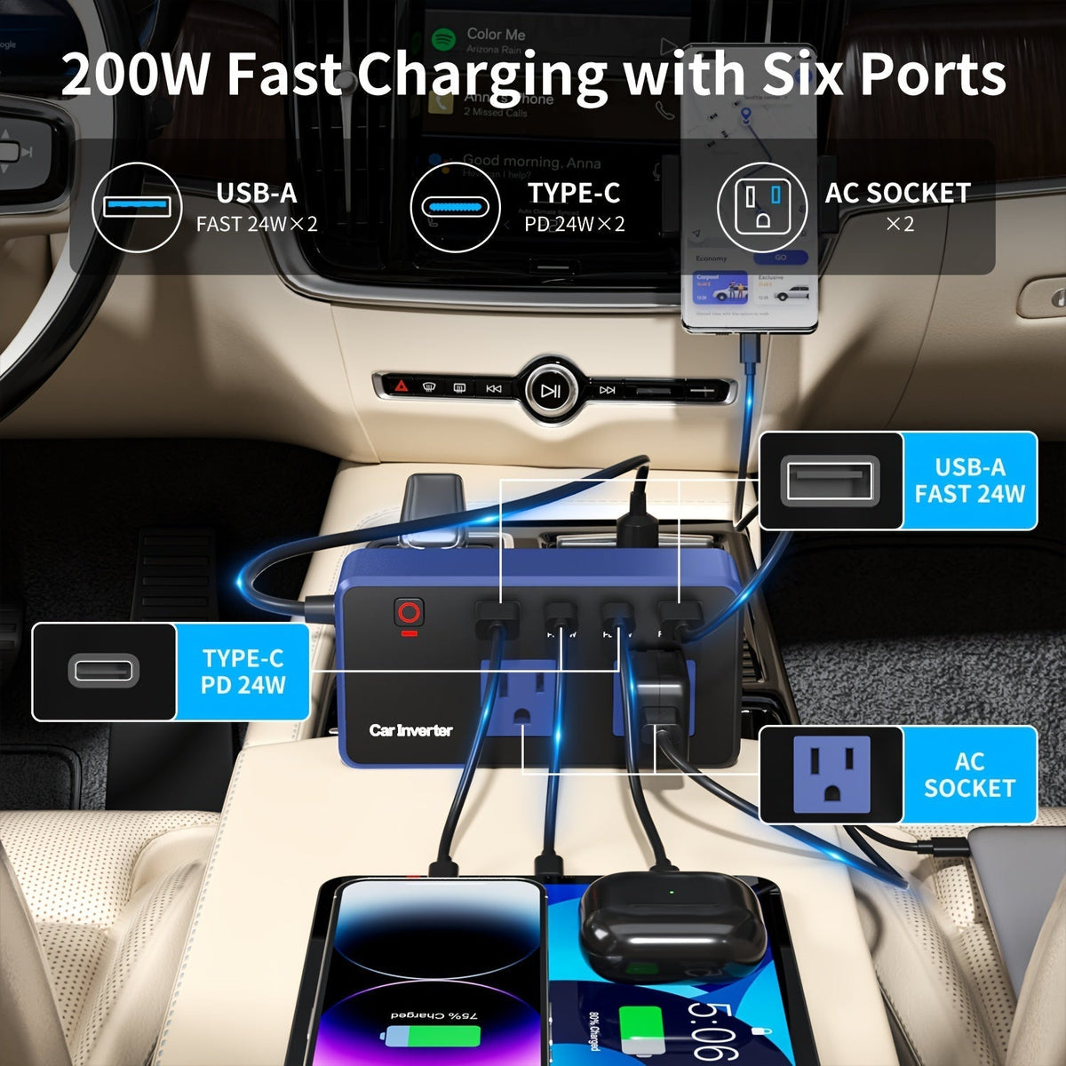 200W Car Power Inverter DC 12V to 110V AC with PD 24W & QC 24W Quick Charge – Dual Fast Charging Vehicle Adapter for Car Office, Work from Car, Camping & Road Trip