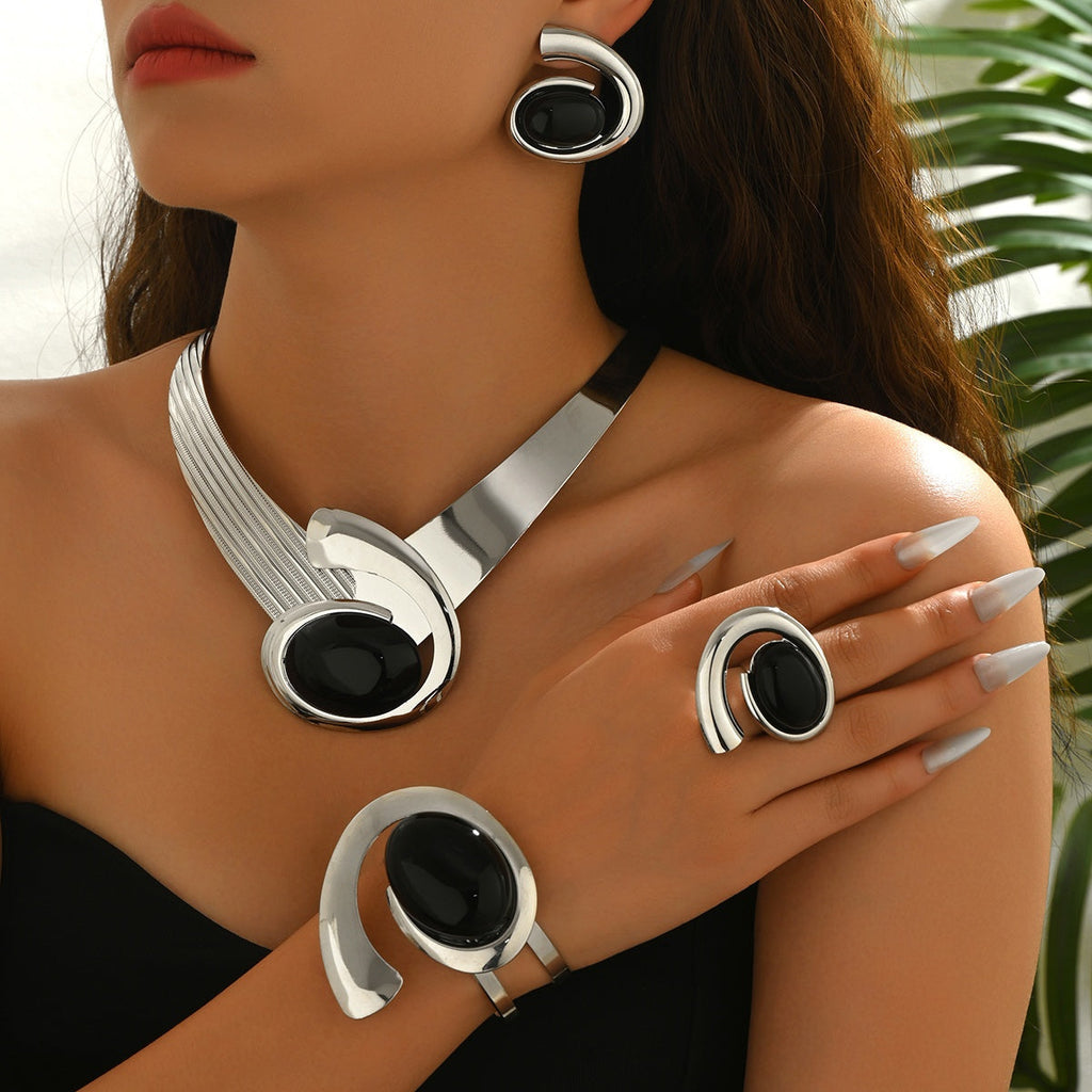 Women's Jewelry Set 5 Pieces - Elegant Acrylic Geometric Comma Pendant Necklace Earrings Rings & Bracelet Matching Set, Durable Fashion Jewelry for Parties Weddings & Special Occasions
