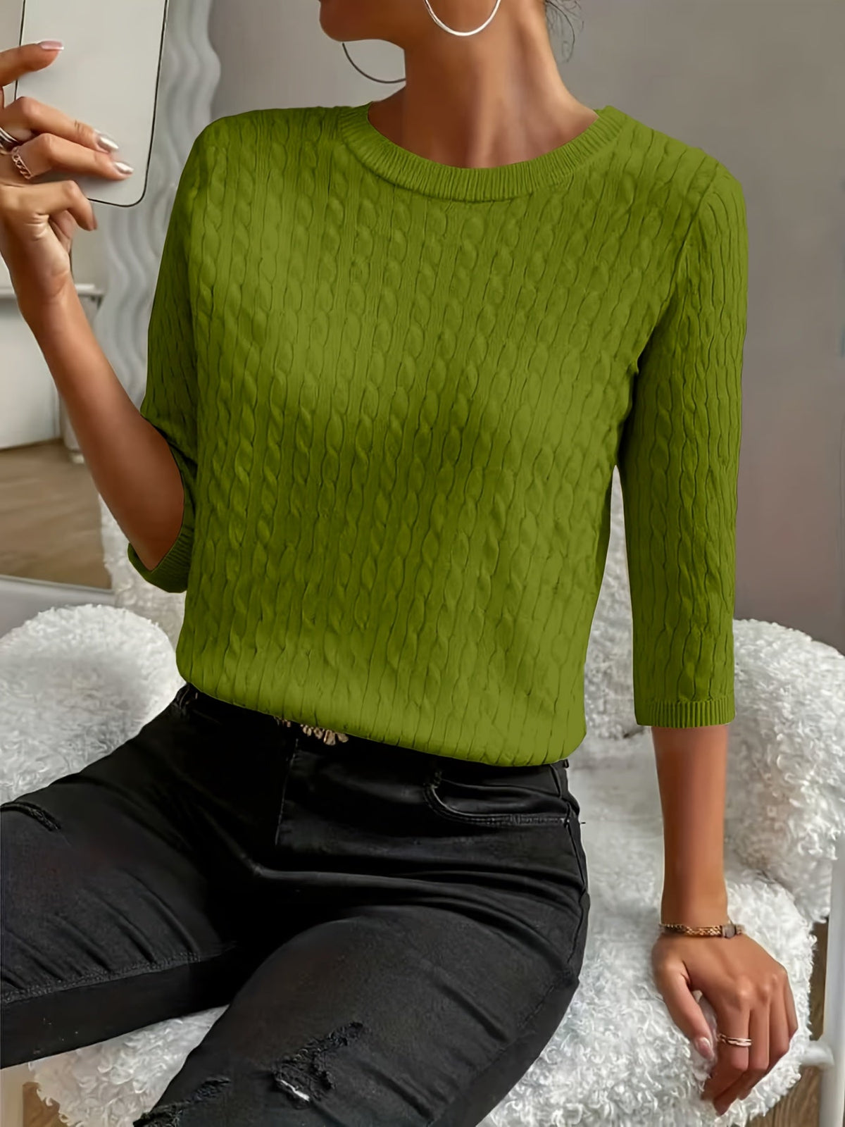 Women's Ribbed Three-Quarter Sleeve Pullover Sweater – Round Neck Solid Color Knit Top for Fall & Winter, Soft Stretch Versatile Everyday Style