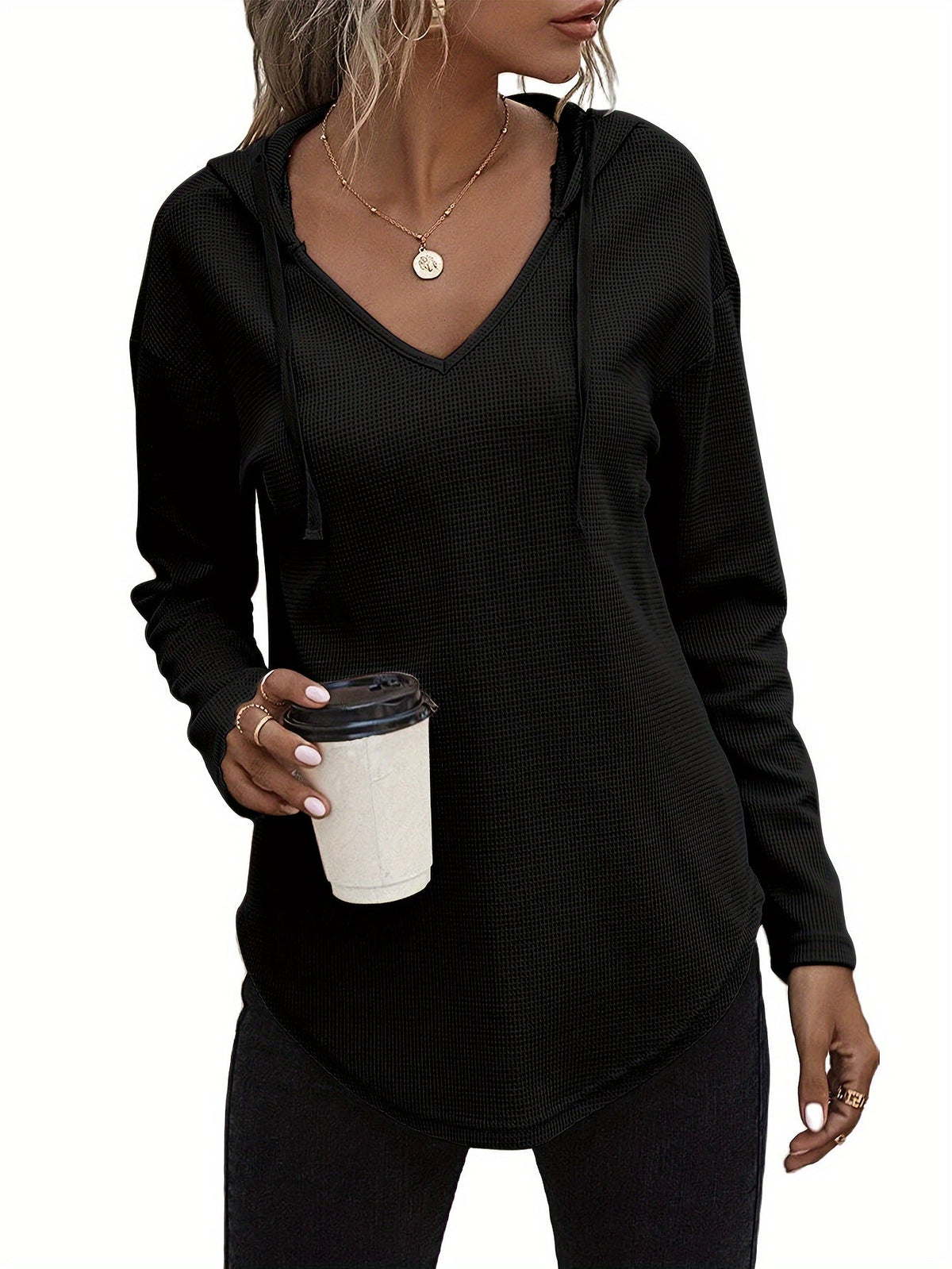 Women's Hanky Hem V-Neck Drawstring Hoodie Sweatshirt - Casual Long Sleeve Knit Hooded Pullover for Fall Winter