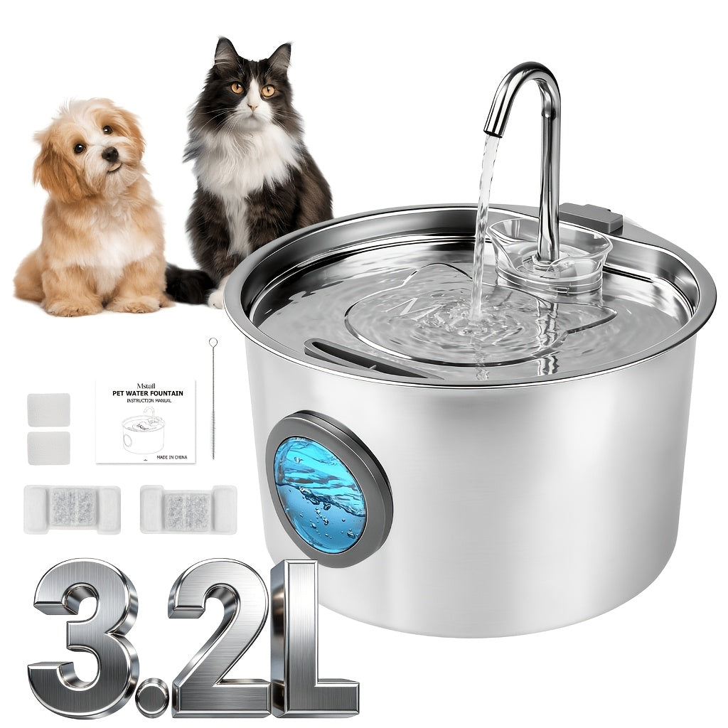 108oz Stainless Steel Pet Water Fountain – Automatic Dog & Cat Water Dispenser with Large Water Level Window, Ultra-Quiet Pump, Easy to Clean, No Battery Required – 2, 4 or 8 Filter Bundles