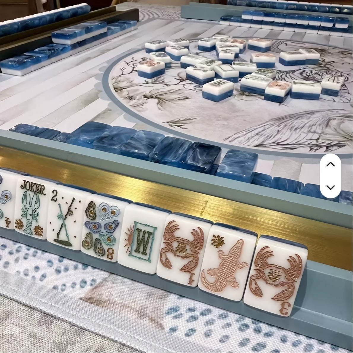 American Mahjong Set Ocean Marine Theme 166 Pieces with Carrying Case – Seashell Mermaid Turtle Whale Anchor Prints, White Tiles Bright Blue Back, Fun Beach Party Game for Ladies Night & Family Game Night