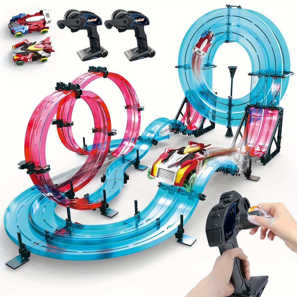 RC Track Car Rail Racing Toy Set, Build Your Own 3D Super Track Slot Car Playset with 2 Cars & 2 Remote Controllers – STEM Kids Gift for Boys Girls Ages 6+