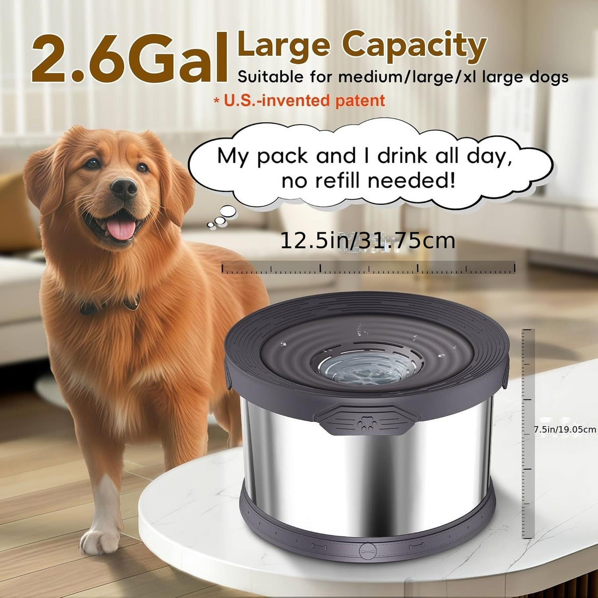 Large Dog Water Bowl 10L Stainless Steel No Spill - 2.6 Gallon Slow Drinking Anti-Splash Bowl with Floating Board, Non-Slip Base & Removable Filter for Large Dogs & Multi-Pet Homes, Indoor Outdoor