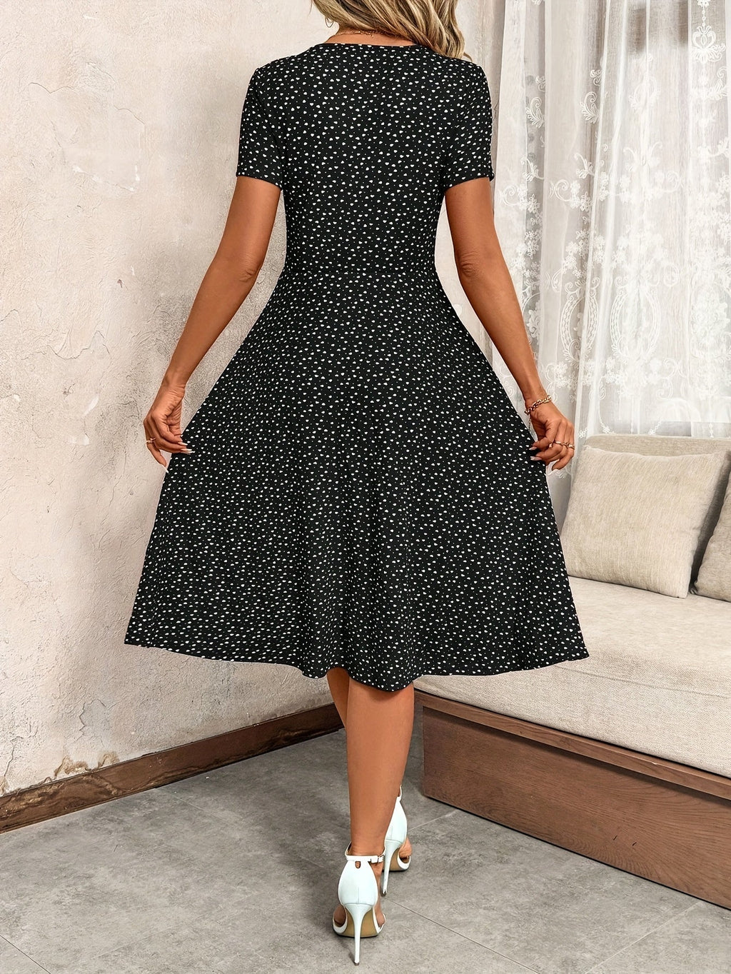 Women's V-Neck Button Waist-Cinching A-Line Swing Dress Flowy Print Elegant Tea Party Valentine's Day Spring Summer Casual Dress Black Red S-XXL