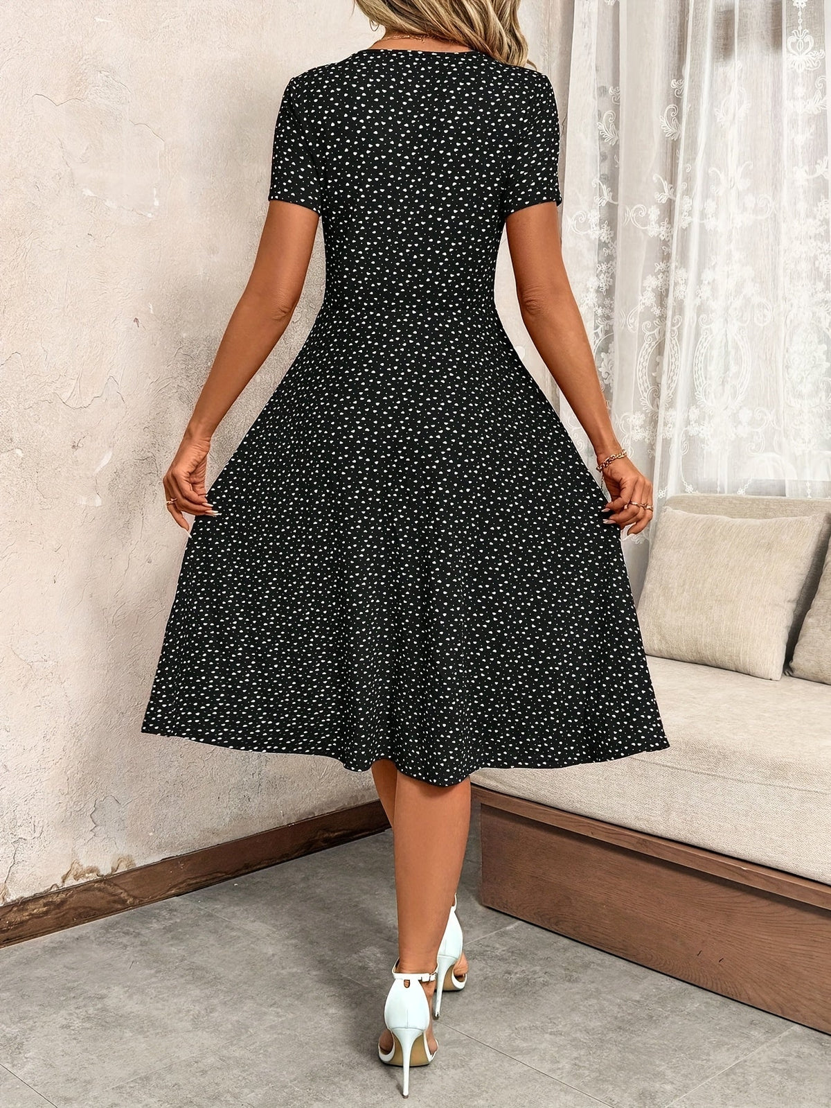 Women's V-Neck Button Waist-Cinching A-Line Swing Dress Flowy Print Elegant Tea Party Valentine's Day Spring Summer Casual Dress Black Red S-XXL