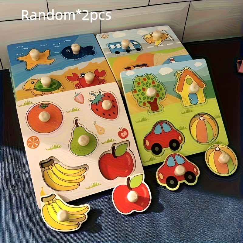3D Wooden Puzzle Identification Boards for Kids 2pcs – Random Pattern Handheld Jigsaw Early Learning Toy, Montessori Shape & Pattern Recognition Activity, Holiday Gift for Toddlers Boys Girls Ages 2 3 4+