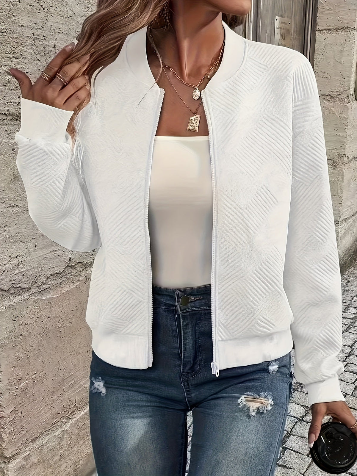 Women's Baseball Collar Zipper Jacket - Solid Color Casual Outerwear | Rib-Knit Polyester Lined Sporty Coat Fall Spring Fashion New Arrival