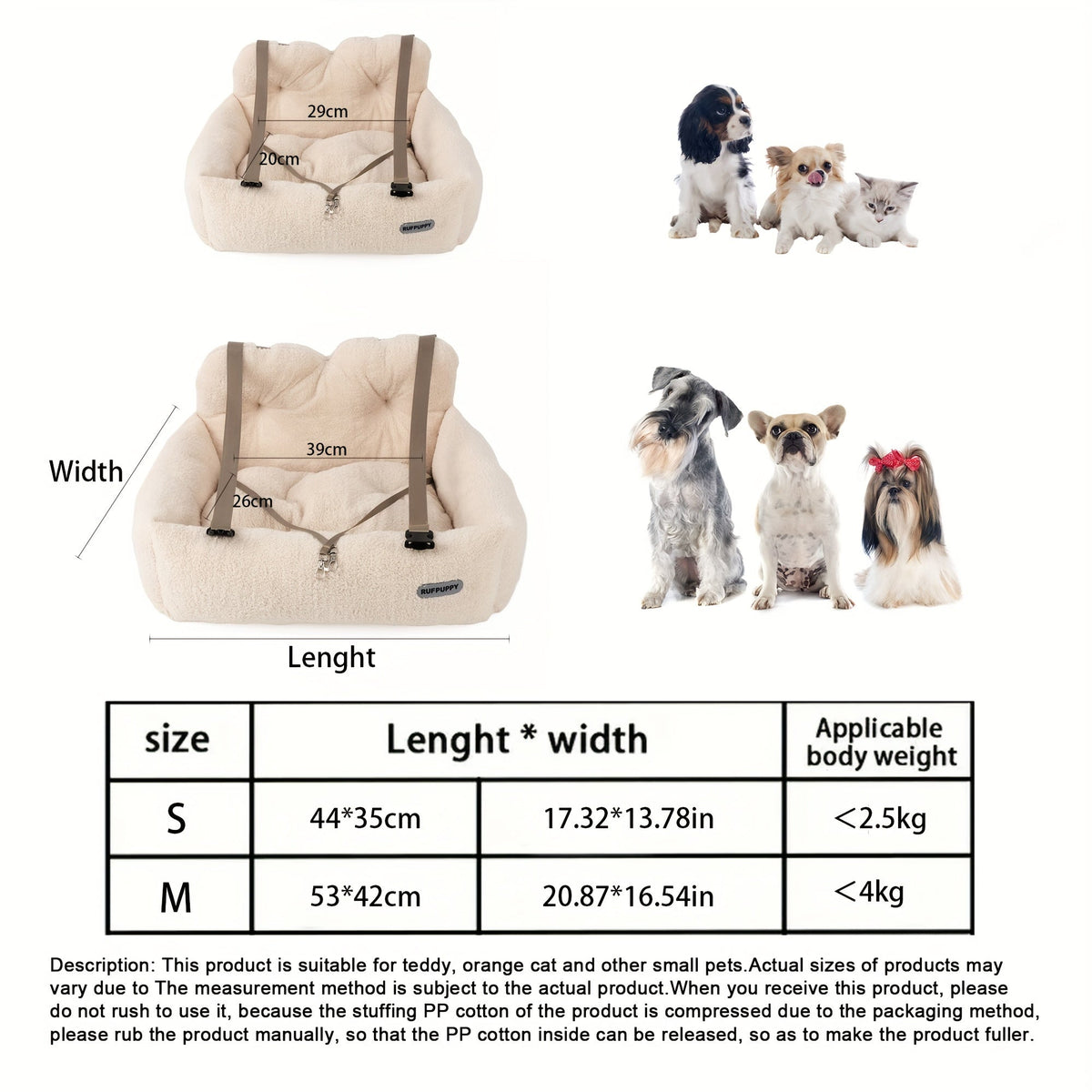 Cozy Plush Dog Car Seat Booster - Safe Portable Polyester Pet Booster Seat for Secure Travel, Soft Dog Bed for Car, S & M Sizes, Beige, Small & Medium Dogs and Cats