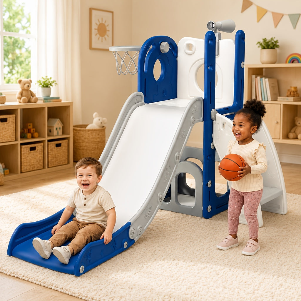 Toddler Slide & Kids Climber Playset - L-Shaped Indoor Outdoor Playground with Basketball Hoop, Storage & Telescope | Easy Assembly Gift for Boys and Girls Ages 1-6