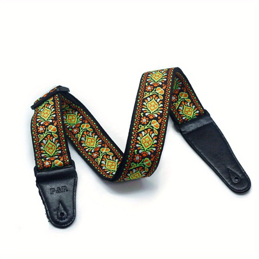 Adjustable Embroidered Guitar Strap with PU Leather Ends – Boho National Style, 35–57 Inch Length, Fits Acoustic, Electric, Classical Guitar & Bass, 11 Unique Designs