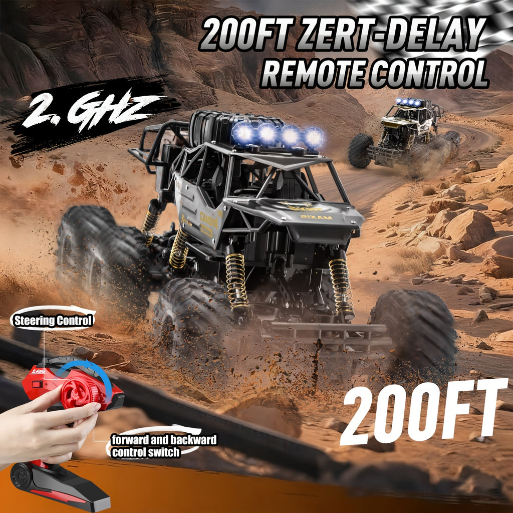 1:10 Scale Six-Wheel Alloy RC Monster Truck 2.4GHz Off-Road Climbing Vehicle 1200mAh Battery LED Lights Independent Shock Absorption Gift Box Model 9219