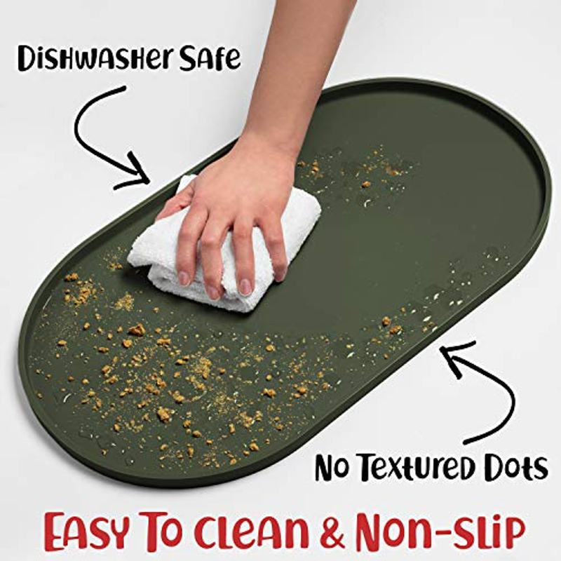 Waterproof Silicone Dog Bowl Mat with Raised Edges - Non-Slip Pet Feeding Mat for Food & Water, 19x11 Inch, Easy Clean No-Mess Floor Protector for Dogs & Cats, Khaki Green
