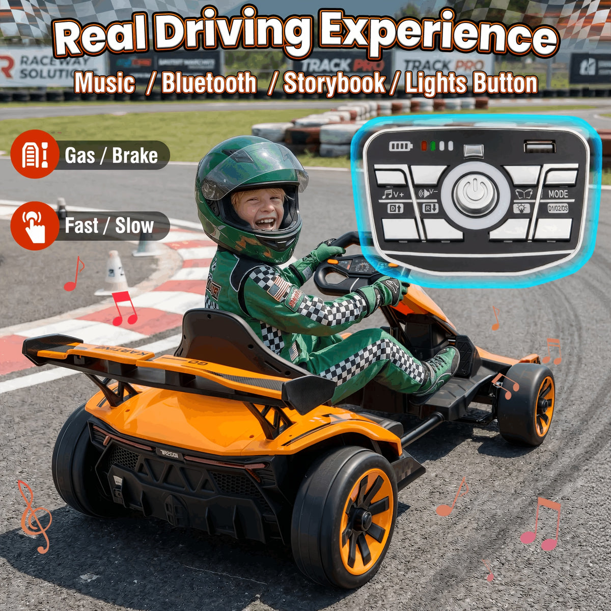 24V Electric Kids Go-Kart Drift Cart, 360 Degree Drift Mode, High Speed Racing with Soft Start, Music, Safety Belt, Metal Frame, Dual Brake for Boys Girls Ages 6 and Up, Birthday Christmas Gift, Black White Red Orange Silver