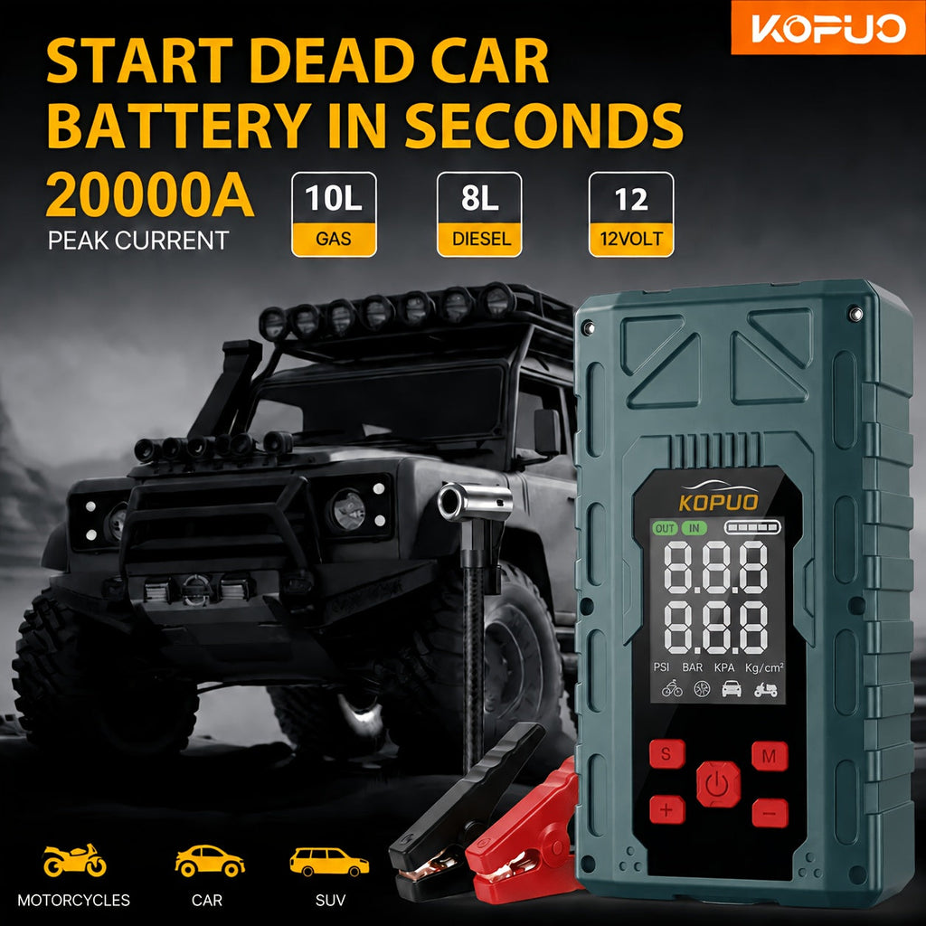 Portable Car Jump Starter with Air Compressor 20000A Peak 7-in-1 Battery Booster Pack with 150PSI Tire Inflator, Power Bank, LED Light & LCD Display – 12V Emergency Roadside Kit for Car SUV Truck