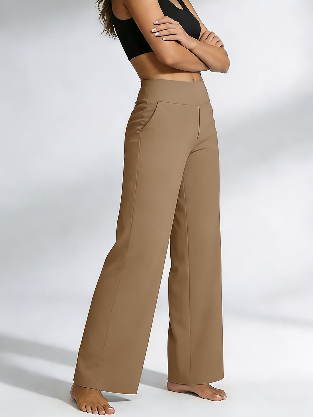 Women's High-Waisted Straight-Leg Yoga Pants with Pockets – Stretchy Casual Loose Fit Sportswear for Ladies, Summer Solid Color Workout Pants for Yoga Gym Pilates & Everyday Wear, S-XXL