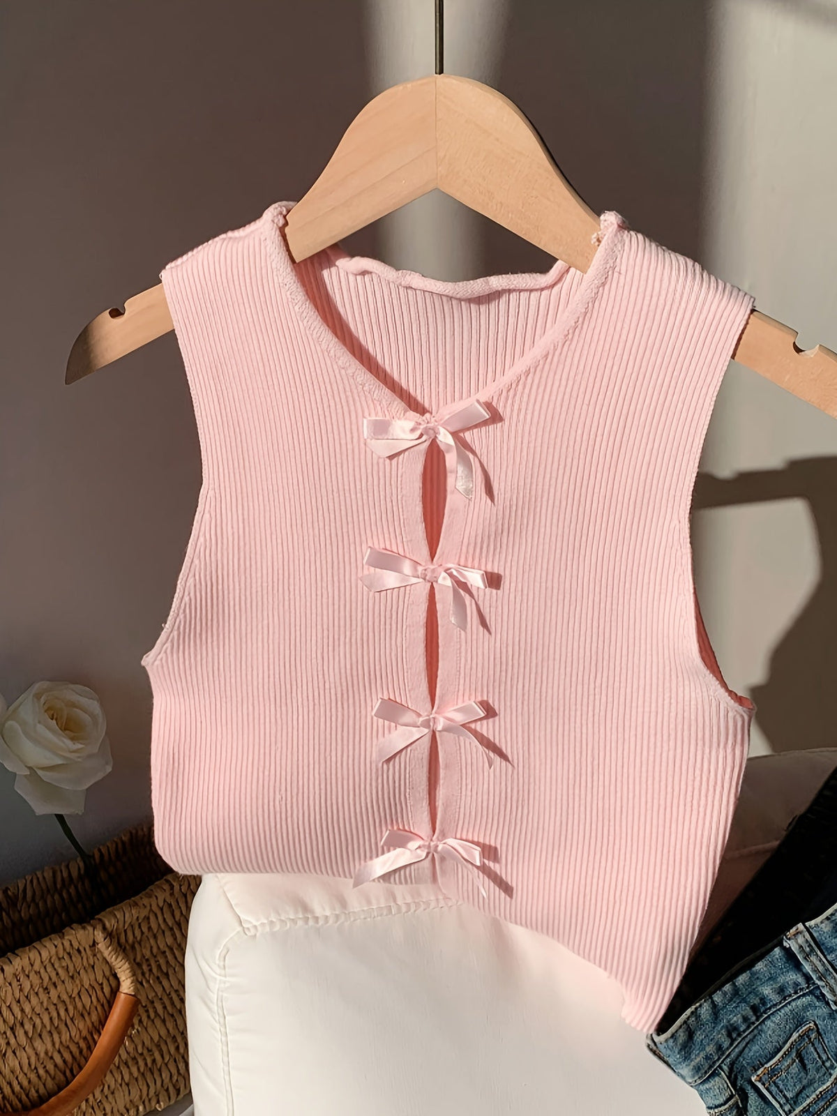 Women's Bow-Tie Striped Crop Vest - Sexy Tight Stretchy Knit Tank Top, 100% Polyester Crew Neck, Y2K Summer Cami Sleeveless Top for Going Out