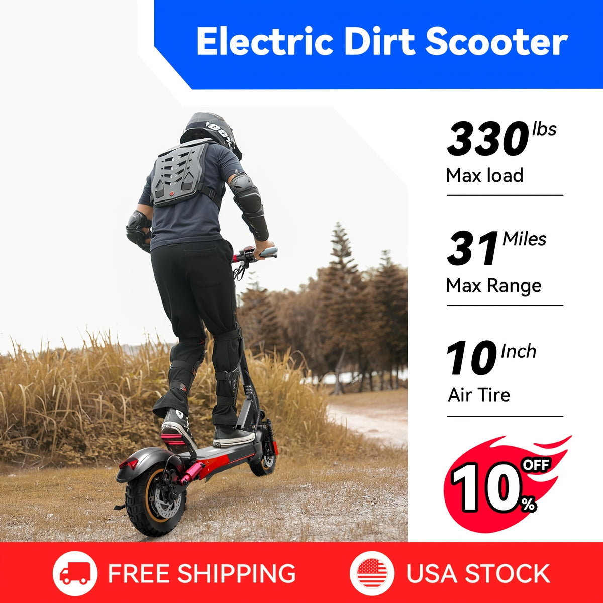 Electric Scooter for Adults 25 MPH 300 Lbs Capacity – 10 Inch Off-Road Foldable E-Scooter with 10AH/15AH Battery, 30-40 Miles Long Range, Heavy Duty Commuter & Trail Scooter for Men