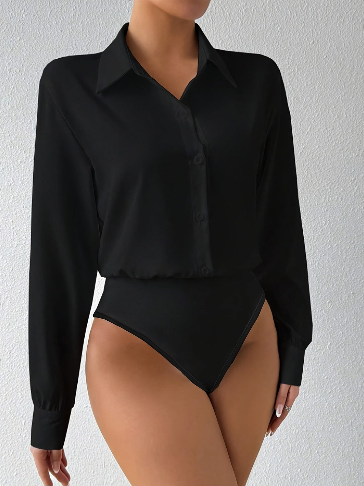 Women's Long Sleeve Bodysuit Solid Color Lapel Button Snap Crotch Shirt Top Stretchy Fitted Turtleneck Blouse for Women