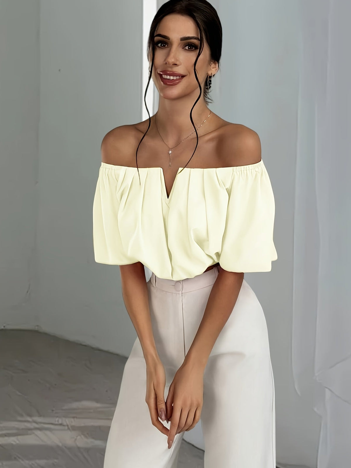 Off Shoulder V-Neck Blouse Women Short Sleeve Solid Color Sexy Summer Top | Vacation Party Casual Wear Multiple Colors XS-L