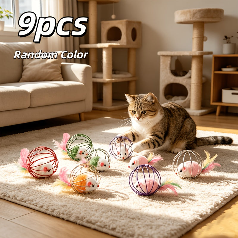 Cage Ball Cat Toys with Feathers & Tails – Wire Cage Interactive Toy Set for Cats, Colorful Fake Feather Rattling Ball Toys for Kittens, Durable Fabric Cat Enrichment Toys, No Battery, Multi-Pack Options