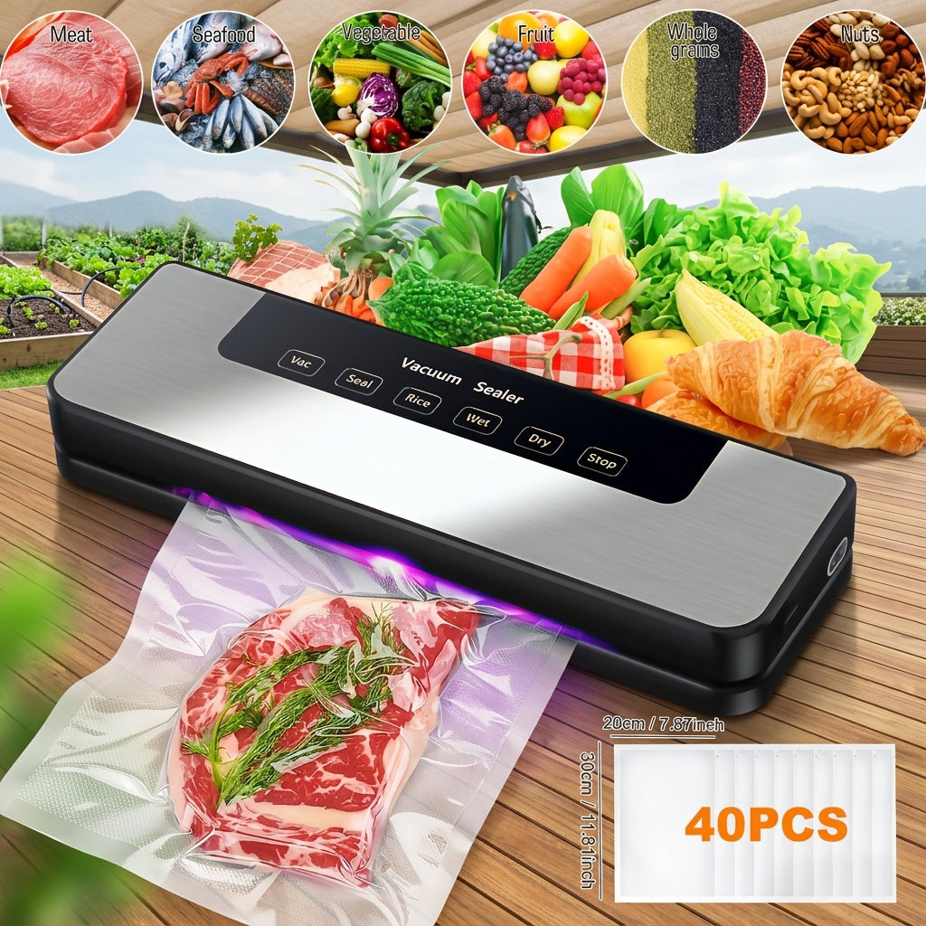 Vacuum Sealer Machine 65KPA 6-in-1 with 40 Free Bags – Wet & Dry Mode, Automatic Food Vacuum Sealing Machine for Food Storage & Preservation, Commercial & Household Kitchen Food Saver with External Hose